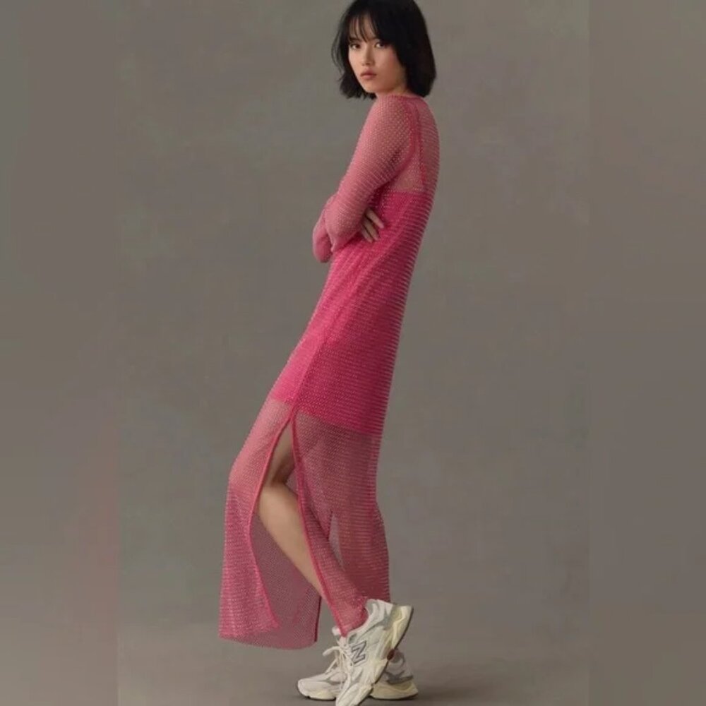 Sunday in Brooklyn Mesh Shine Slim Midi Dress Hot Pink size L